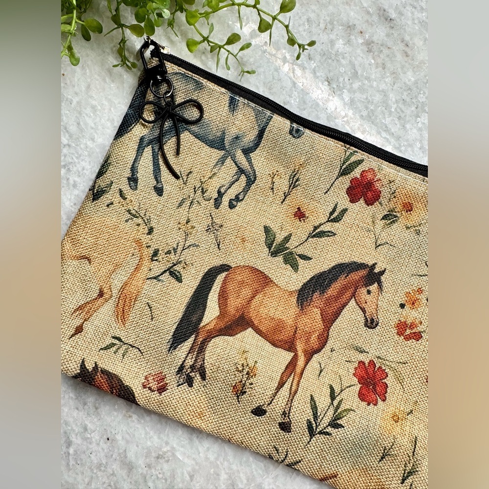 New Horses & Flowers Makeup Cosmetic Tech Pencil Zippered Bag w/ Bow Charm - 10”